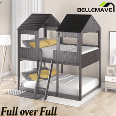 Bellemave® House Bunk Bed with Roof & Window, Full Over Full Floor Bunk Bed with Ladder & Guardrails for Kids, No Box Spring Needed - Bellemave
