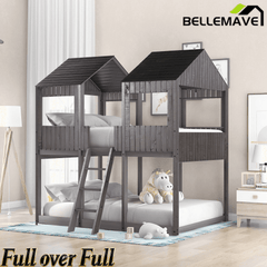 Bellemave® House Bunk Bed with Roof & Window, Full Over Full Floor Bunk Bed with Ladder & Guardrails for Kids, No Box Spring Needed - Bellemave
