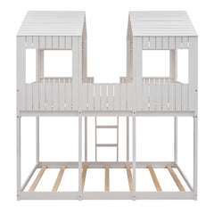 Bellemave® House Bunk Bed with Roof & Window, Full Over Full Floor Bunk Bed with Ladder & Guardrails for Kids, No Box Spring Needed - Bellemave