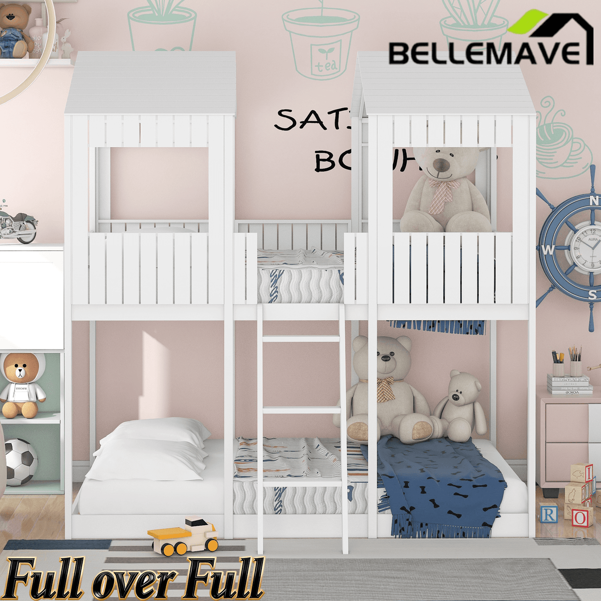 Bellemave® House Bunk Bed with Roof & Window, Full Over Full Floor Bunk Bed with Ladder & Guardrails for Kids, No Box Spring Needed - Bellemave