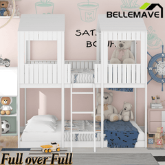 Bellemave® House Bunk Bed with Roof & Window, Full Over Full Floor Bunk Bed with Ladder & Guardrails for Kids, No Box Spring Needed - Bellemave