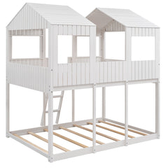 Bellemave® House Bunk Bed with Roof & Window, Full Over Full Floor Bunk Bed with Ladder & Guardrails for Kids, No Box Spring Needed - Bellemave