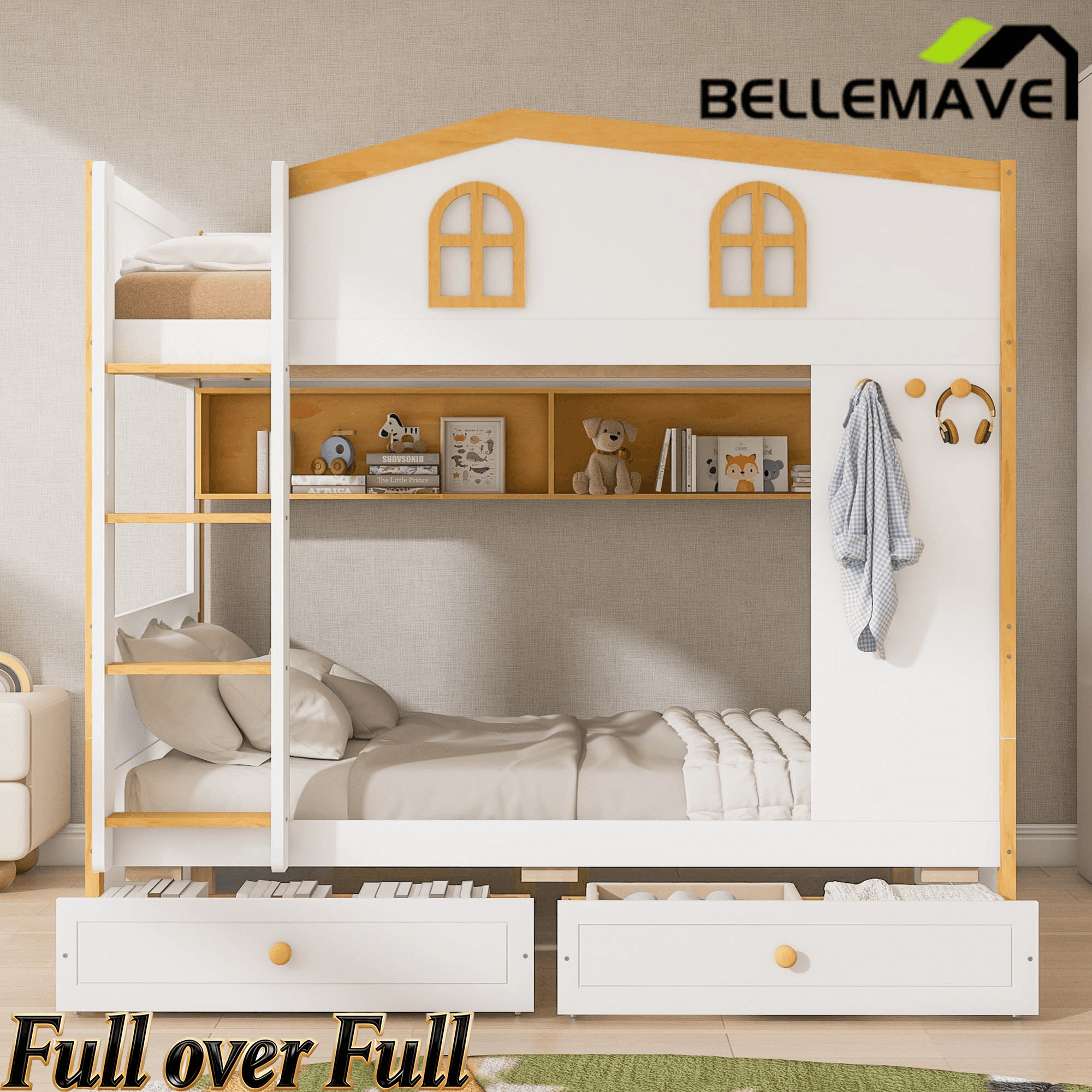 Bellemave® House Bunk Bed with Storage Shelves & 2 Drawers, Solid Wood Space - Saving Loft Bed Frame with Safety Guardrails for Bedroom, White+Natural - Bellemave