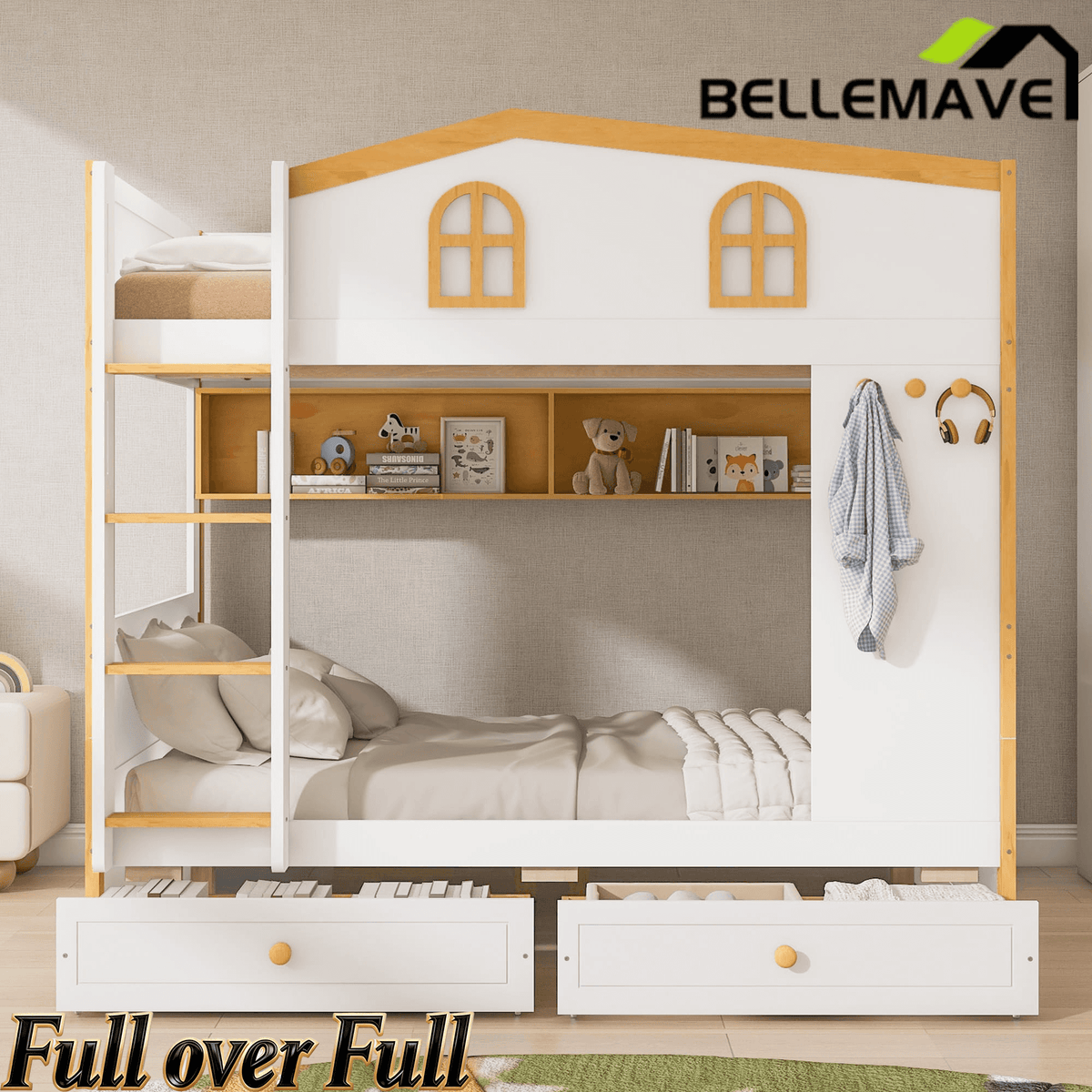 Bellemave® House Bunk Bed with Storage Shelves & 2 Drawers, Solid Wood Space - Saving Loft Bed Frame with Safety Guardrails for Bedroom, White+Natural - Bellemave
