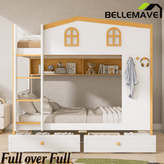 Bellemave® House Bunk Bed with Storage Shelves & 2 Drawers, Solid Wood Space - Saving Loft Bed Frame with Safety Guardrails for Bedroom, White+Natural - Bellemave