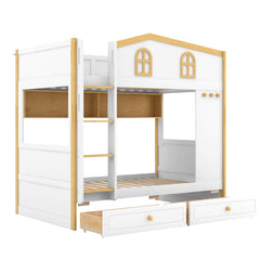 Bellemave® House Bunk Bed with Storage Shelves & 2 Drawers, Solid Wood Space - Saving Loft Bed Frame with Safety Guardrails for Bedroom, White+Natural - Bellemave