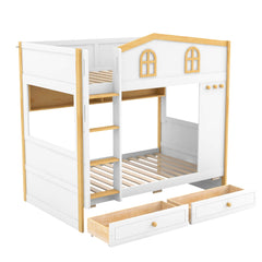 Bellemave® House Bunk Bed with Storage Shelves & 2 Drawers, Solid Wood Space - Saving Loft Bed Frame with Safety Guardrails for Bedroom, White+Natural - Bellemave