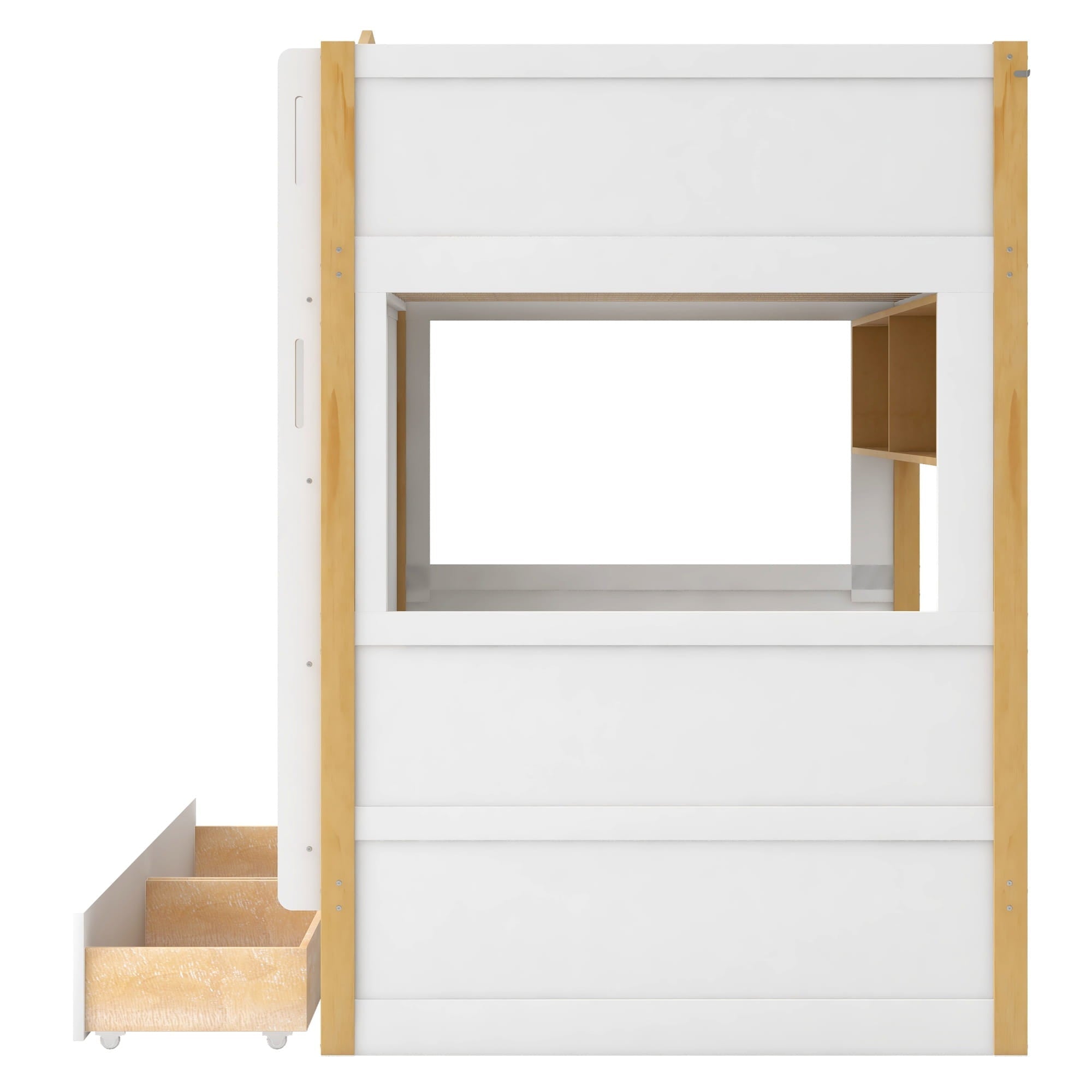 Bellemave® House Bunk Bed with Storage Shelves & 2 Drawers, Solid Wood Space - Saving Loft Bed Frame with Safety Guardrails for Bedroom, White+Natural - Bellemave