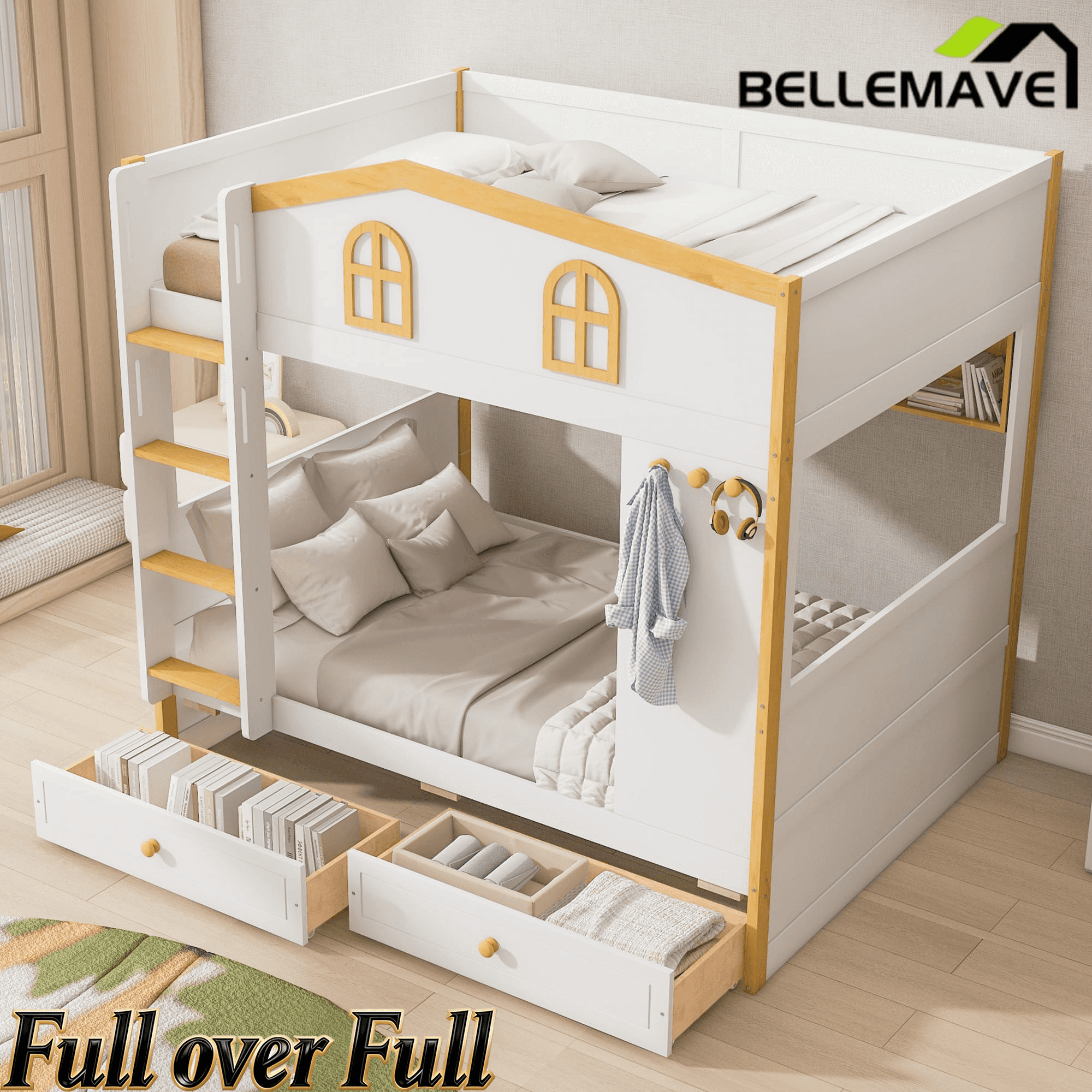 Bellemave® House Bunk Bed with Storage Shelves & 2 Drawers, Solid Wood Space - Saving Loft Bed Frame with Safety Guardrails for Bedroom, White+Natural - Bellemave