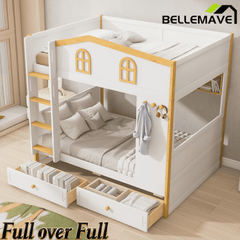 Bellemave® House Bunk Bed with Storage Shelves & 2 Drawers, Solid Wood Space - Saving Loft Bed Frame with Safety Guardrails for Bedroom, White+Natural - Bellemave