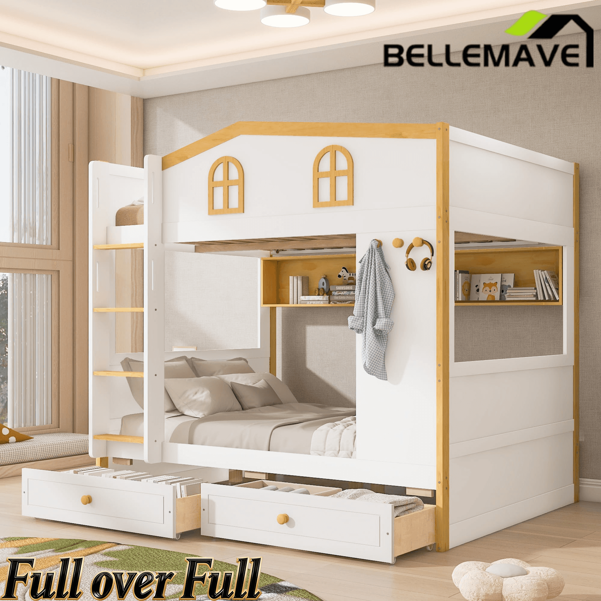 Bellemave® House Bunk Bed with Storage Shelves & 2 Drawers, Solid Wood Space - Saving Loft Bed Frame with Safety Guardrails for Bedroom, White+Natural - Bellemave