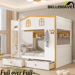 Bellemave® House Bunk Bed with Storage Shelves & 2 Drawers, Solid Wood Space - Saving Loft Bed Frame with Safety Guardrails for Bedroom, White+Natural - Bellemave