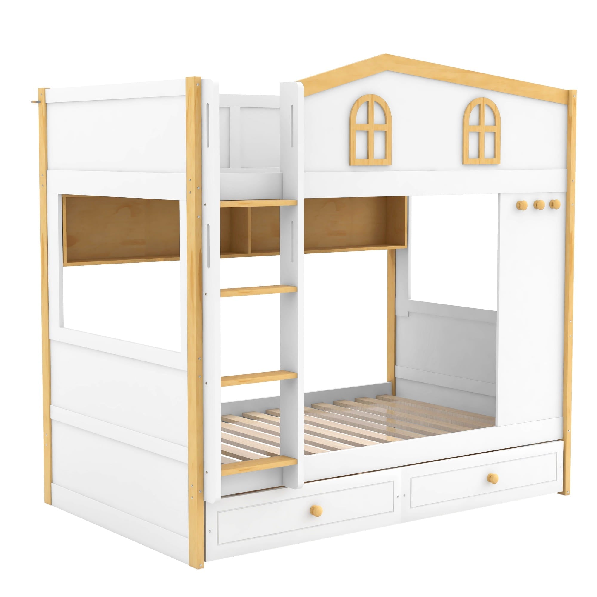 Bellemave® House Bunk Bed with Storage Shelves & 2 Drawers, Solid Wood Space - Saving Loft Bed Frame with Safety Guardrails for Bedroom, White+Natural - Bellemave