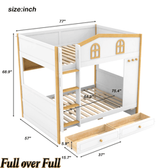 Bellemave® House Bunk Bed with Storage Shelves & 2 Drawers, Solid Wood Space - Saving Loft Bed Frame with Safety Guardrails for Bedroom, White+Natural - Bellemave