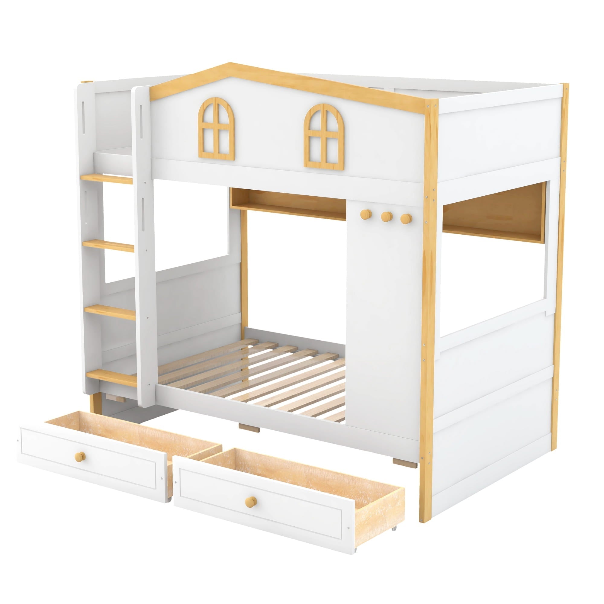 Bellemave® House Bunk Bed with Storage Shelves & 2 Drawers, Solid Wood Space - Saving Loft Bed Frame with Safety Guardrails for Bedroom, White+Natural - Bellemave