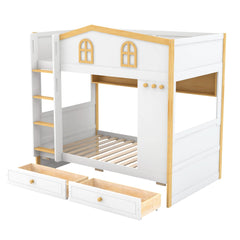 Bellemave® House Bunk Bed with Storage Shelves & 2 Drawers, Solid Wood Space - Saving Loft Bed Frame with Safety Guardrails for Bedroom, White+Natural - Bellemave