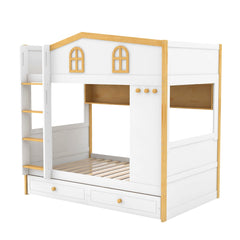 Bellemave® House Bunk Bed with Storage Shelves & 2 Drawers, Solid Wood Space - Saving Loft Bed Frame with Safety Guardrails for Bedroom, White+Natural - Bellemave