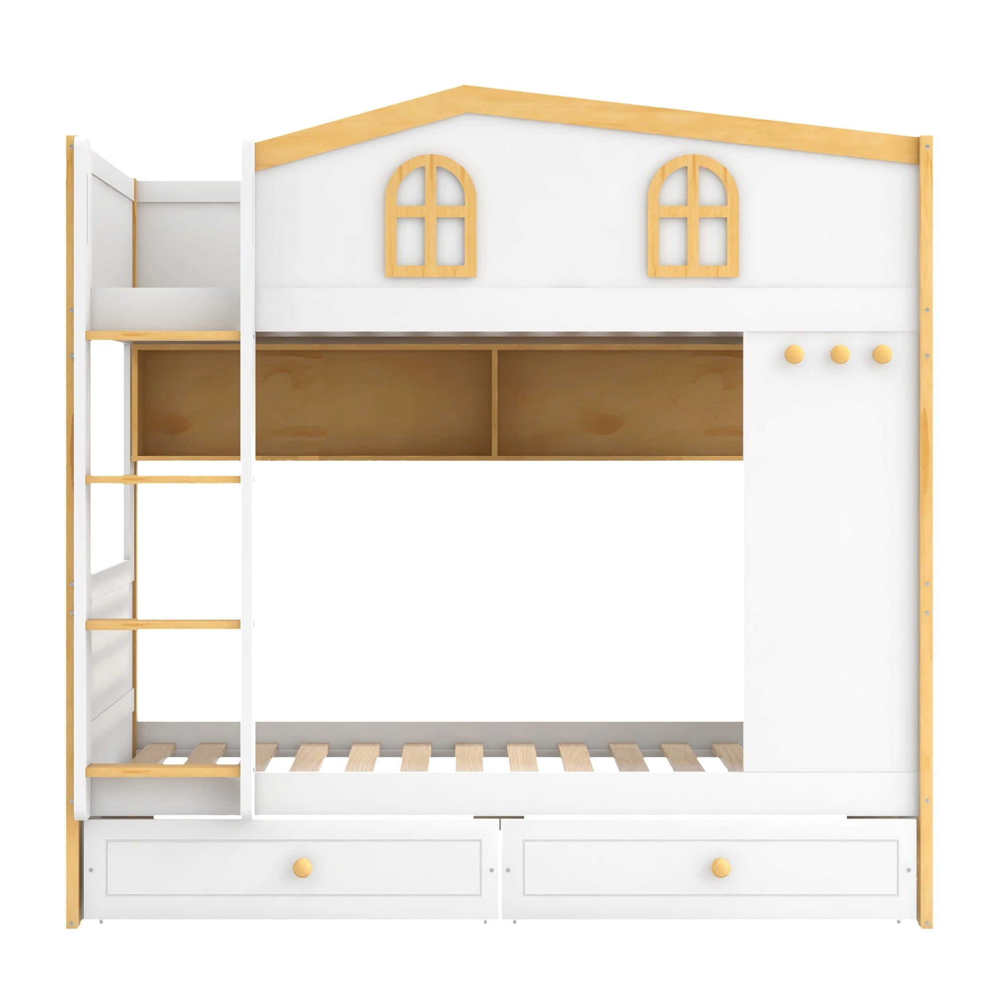 Bellemave® House Bunk Bed with Storage Shelves & 2 Drawers, Solid Wood Space - Saving Loft Bed Frame with Safety Guardrails for Bedroom, White+Natural - Bellemave