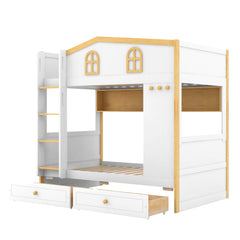 Bellemave® House Bunk Bed with Storage Shelves & 2 Drawers, Solid Wood Space - Saving Loft Bed Frame with Safety Guardrails for Bedroom, White+Natural - Bellemave