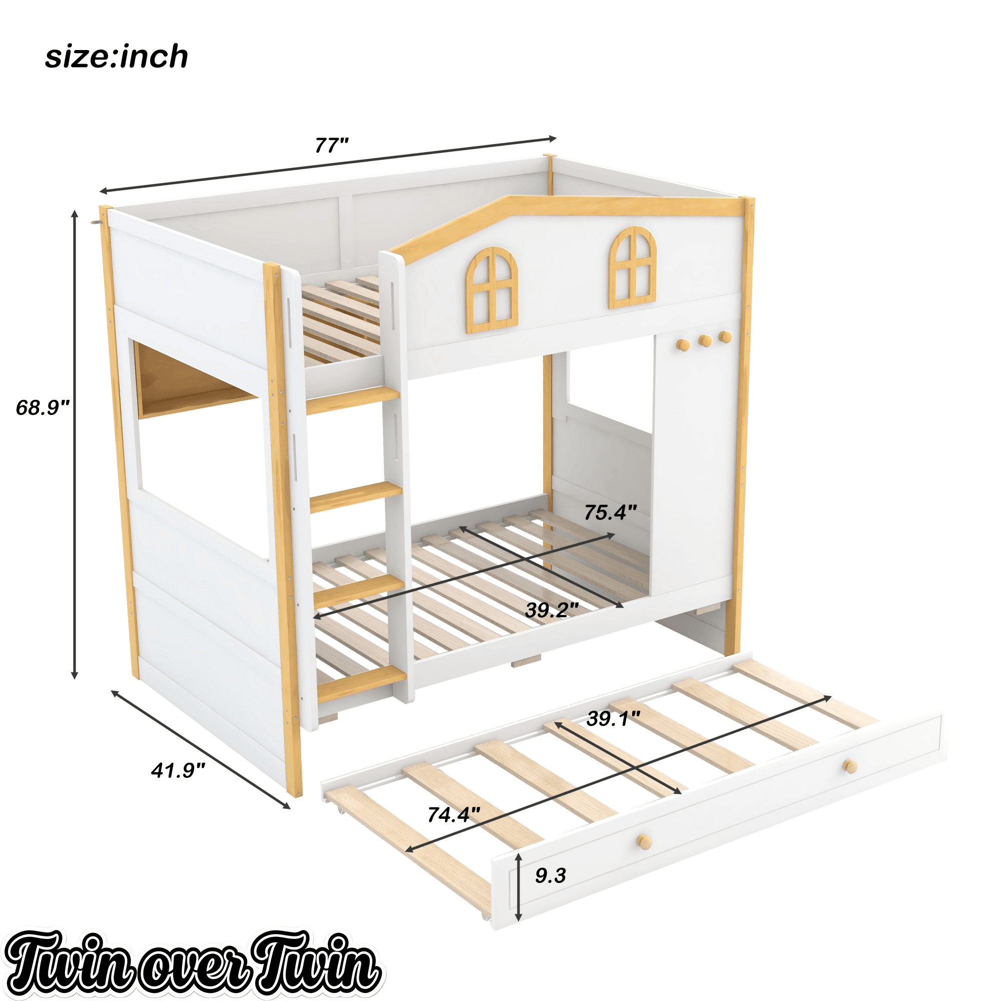 Bellemave® House Bunk Bed with Storage Shelves & Pull - Out Trundle, Solid Wood Space - Saving Loft Bed Frame with Safety Guardrails for Bedroom, White+Natural - Bellemave