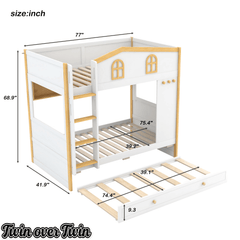 Bellemave® House Bunk Bed with Storage Shelves & Pull - Out Trundle, Solid Wood Space - Saving Loft Bed Frame with Safety Guardrails for Bedroom, White+Natural - Bellemave