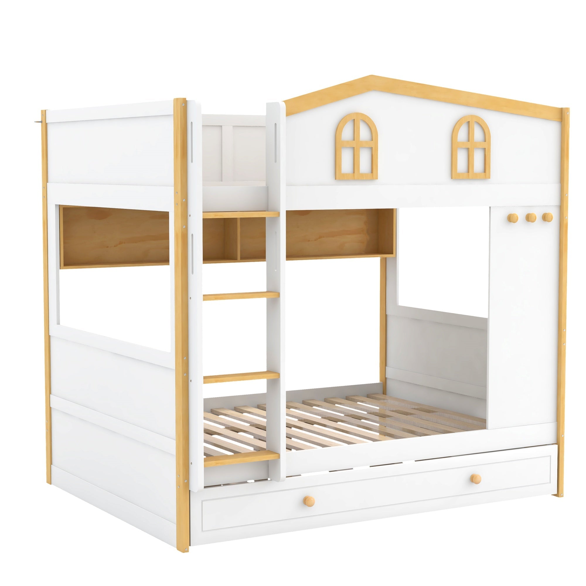 Bellemave® House Bunk Bed with Storage Shelves & Pull - Out Trundle, Solid Wood Space - Saving Loft Bed Frame with Safety Guardrails for Bedroom, White+Natural - Bellemave