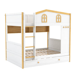 Bellemave® House Bunk Bed with Storage Shelves & Pull - Out Trundle, Solid Wood Space - Saving Loft Bed Frame with Safety Guardrails for Bedroom, White+Natural - Bellemave