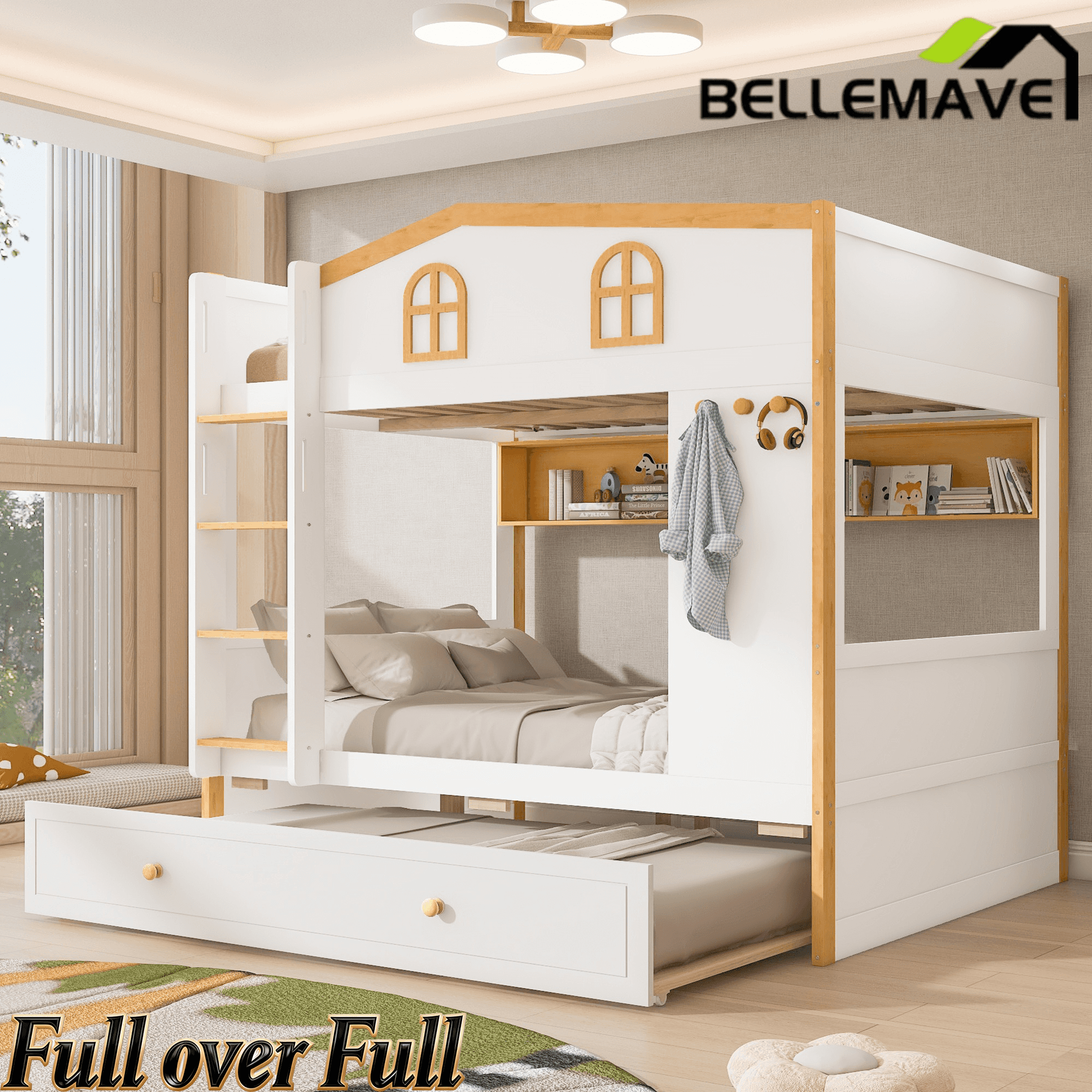 Bellemave® House Bunk Bed with Storage Shelves & Pull - Out Trundle, Solid Wood Space - Saving Loft Bed Frame with Safety Guardrails for Bedroom, White+Natural - Bellemave