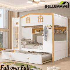 Bellemave® House Bunk Bed with Storage Shelves & Pull - Out Trundle, Solid Wood Space - Saving Loft Bed Frame with Safety Guardrails for Bedroom, White+Natural - Bellemave