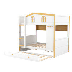 Bellemave® House Bunk Bed with Storage Shelves & Pull - Out Trundle, Solid Wood Space - Saving Loft Bed Frame with Safety Guardrails for Bedroom, White+Natural - Bellemave
