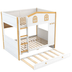Bellemave® House Bunk Bed with Storage Shelves & Pull - Out Trundle, Solid Wood Space - Saving Loft Bed Frame with Safety Guardrails for Bedroom, White+Natural - Bellemave