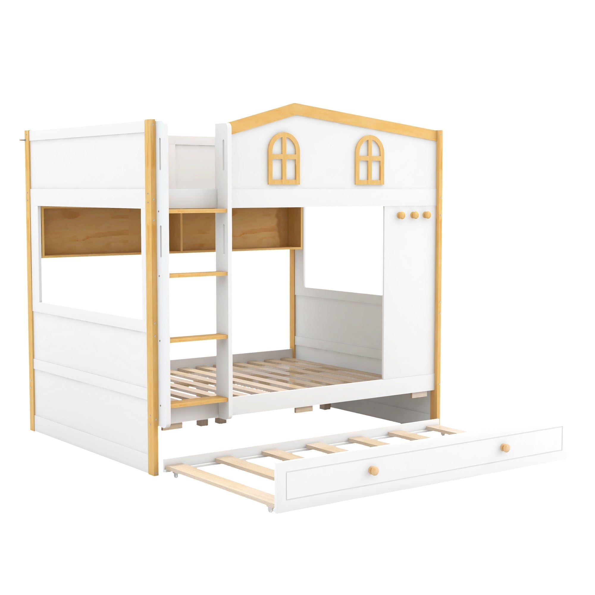 Bellemave® House Bunk Bed with Storage Shelves & Pull - Out Trundle, Solid Wood Space - Saving Loft Bed Frame with Safety Guardrails for Bedroom, White+Natural - Bellemave