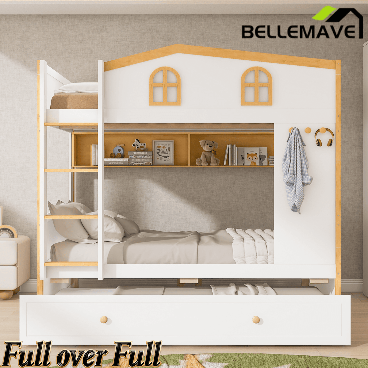 Bellemave® House Bunk Bed with Storage Shelves & Pull - Out Trundle, Solid Wood Space - Saving Loft Bed Frame with Safety Guardrails for Bedroom, White+Natural - Bellemave