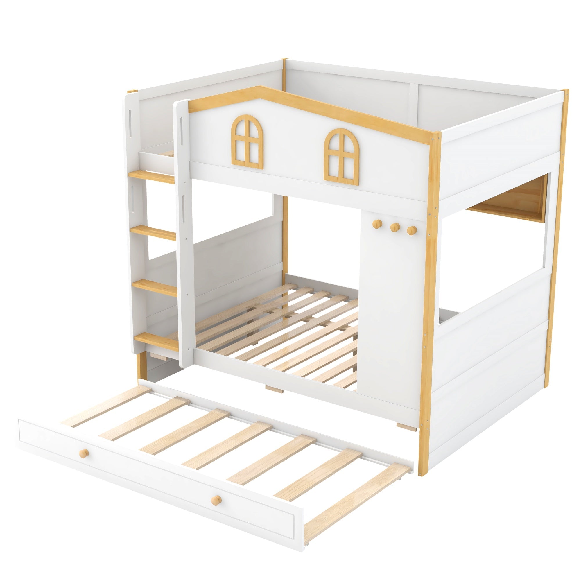 Bellemave® House Bunk Bed with Storage Shelves & Pull - Out Trundle, Solid Wood Space - Saving Loft Bed Frame with Safety Guardrails for Bedroom, White+Natural - Bellemave