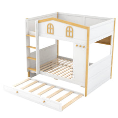 Bellemave® House Bunk Bed with Storage Shelves & Pull - Out Trundle, Solid Wood Space - Saving Loft Bed Frame with Safety Guardrails for Bedroom, White+Natural - Bellemave