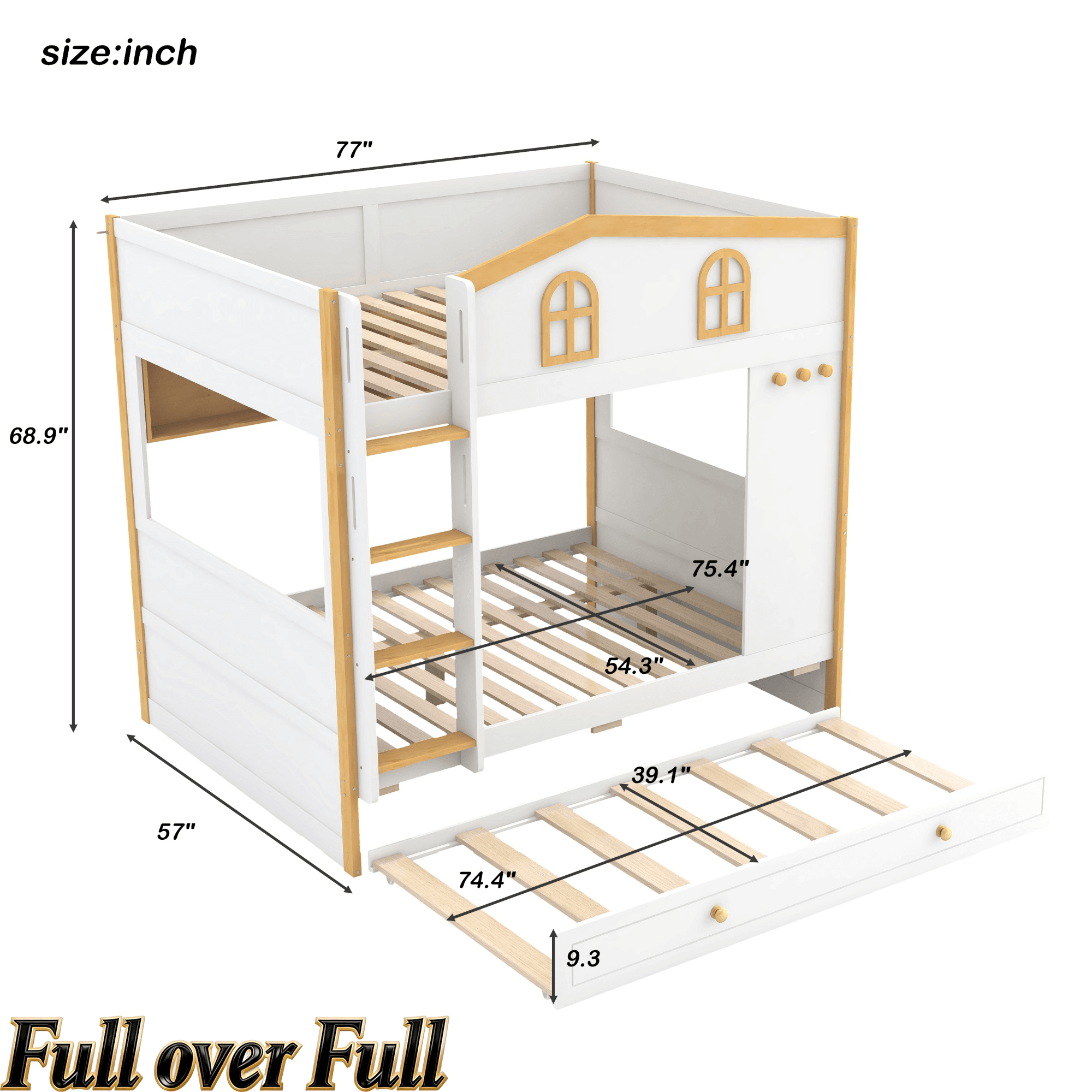 Bellemave® House Bunk Bed with Storage Shelves & Pull - Out Trundle, Solid Wood Space - Saving Loft Bed Frame with Safety Guardrails for Bedroom, White+Natural - Bellemave