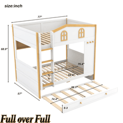Bellemave® House Bunk Bed with Storage Shelves & Pull - Out Trundle, Solid Wood Space - Saving Loft Bed Frame with Safety Guardrails for Bedroom, White+Natural - Bellemave