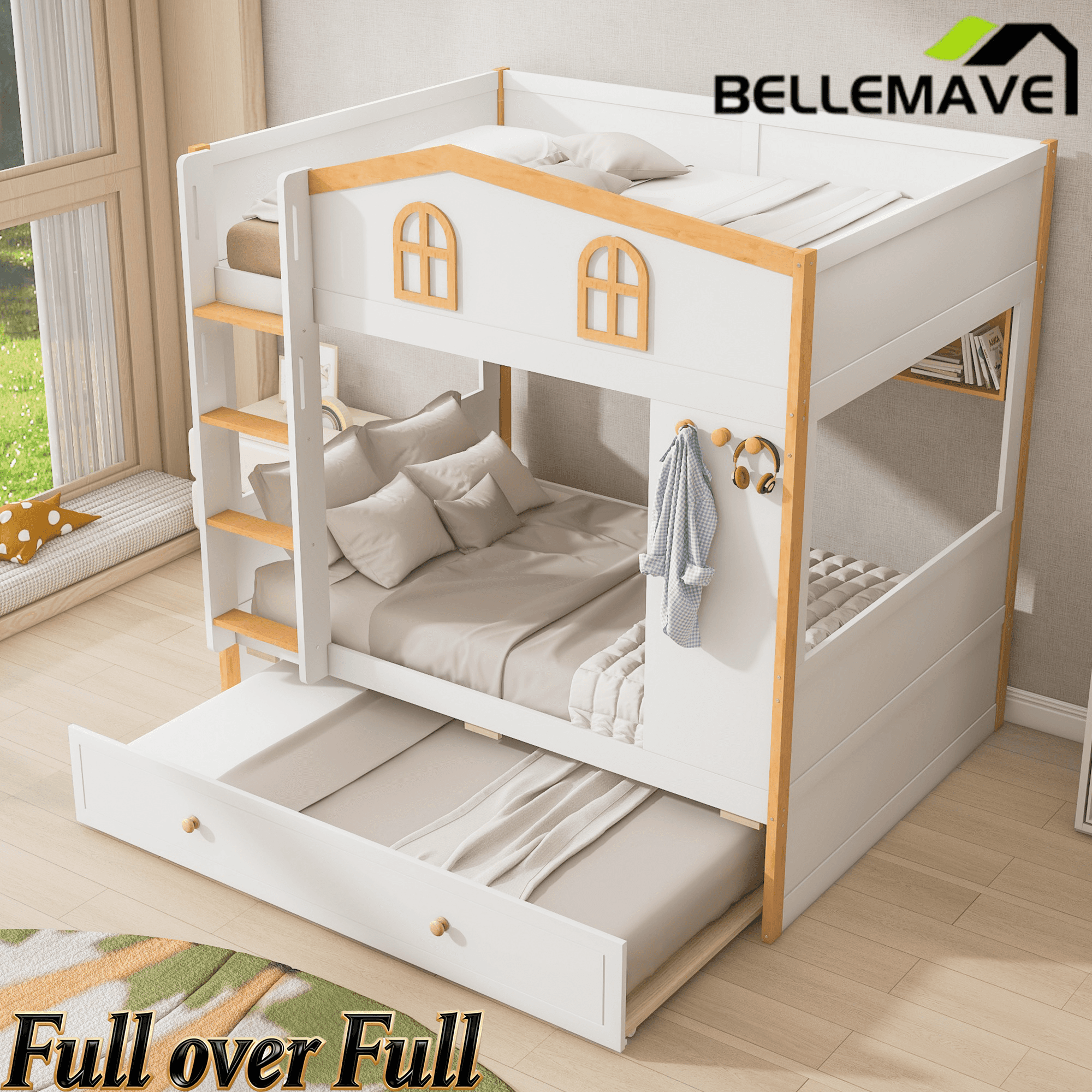 Bellemave® House Bunk Bed with Storage Shelves & Pull - Out Trundle, Solid Wood Space - Saving Loft Bed Frame with Safety Guardrails for Bedroom, White+Natural - Bellemave