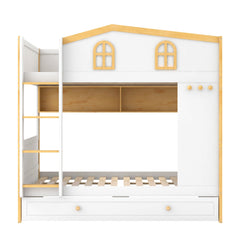 Bellemave® House Bunk Bed with Storage Shelves & Pull - Out Trundle, Solid Wood Space - Saving Loft Bed Frame with Safety Guardrails for Bedroom, White+Natural - Bellemave