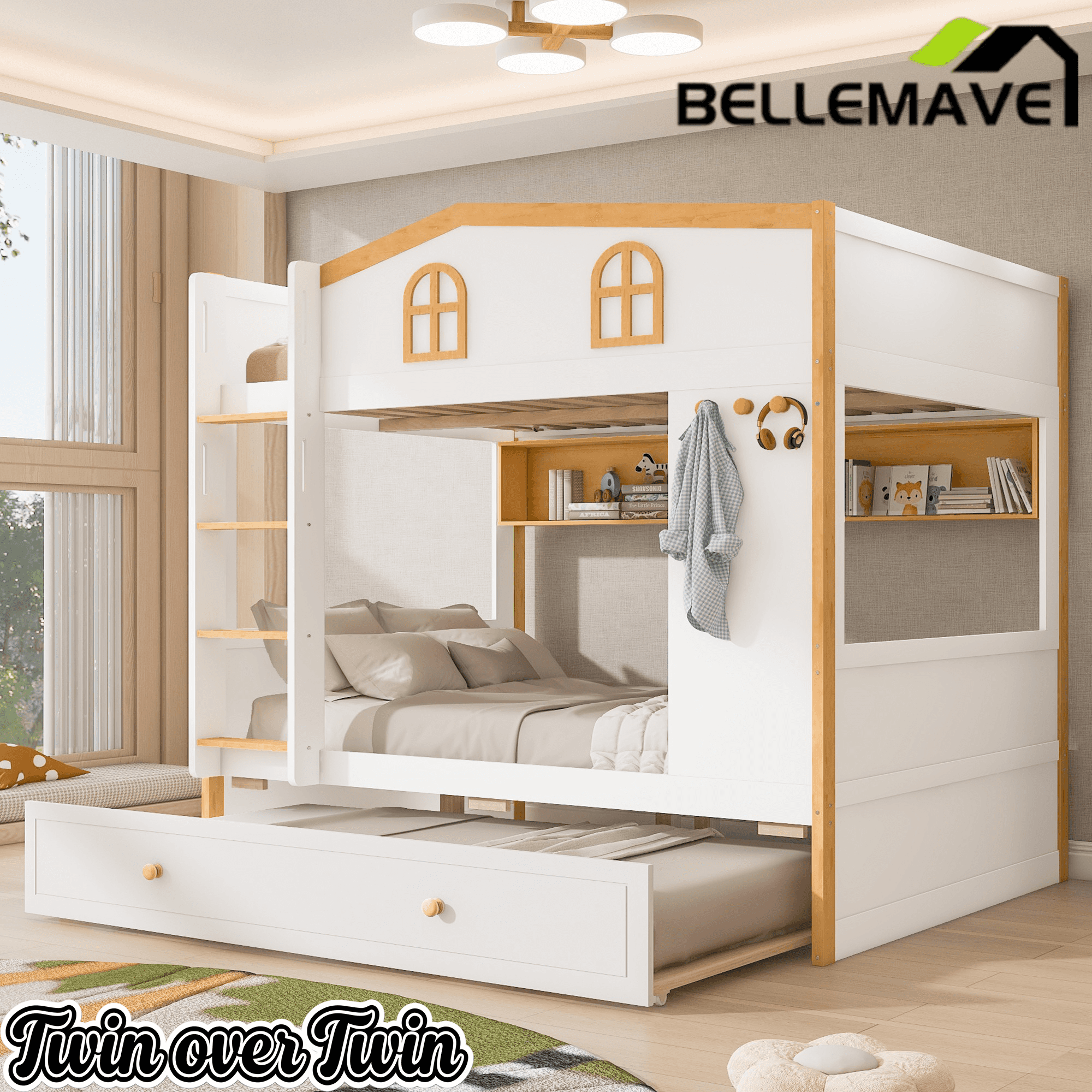 Bellemave® House Bunk Bed with Storage Shelves & Pull - Out Trundle, Solid Wood Space - Saving Loft Bed Frame with Safety Guardrails for Bedroom, White+Natural - Bellemave