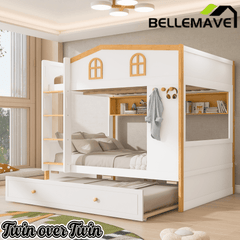 Bellemave® House Bunk Bed with Storage Shelves & Pull - Out Trundle, Solid Wood Space - Saving Loft Bed Frame with Safety Guardrails for Bedroom, White+Natural - Bellemave