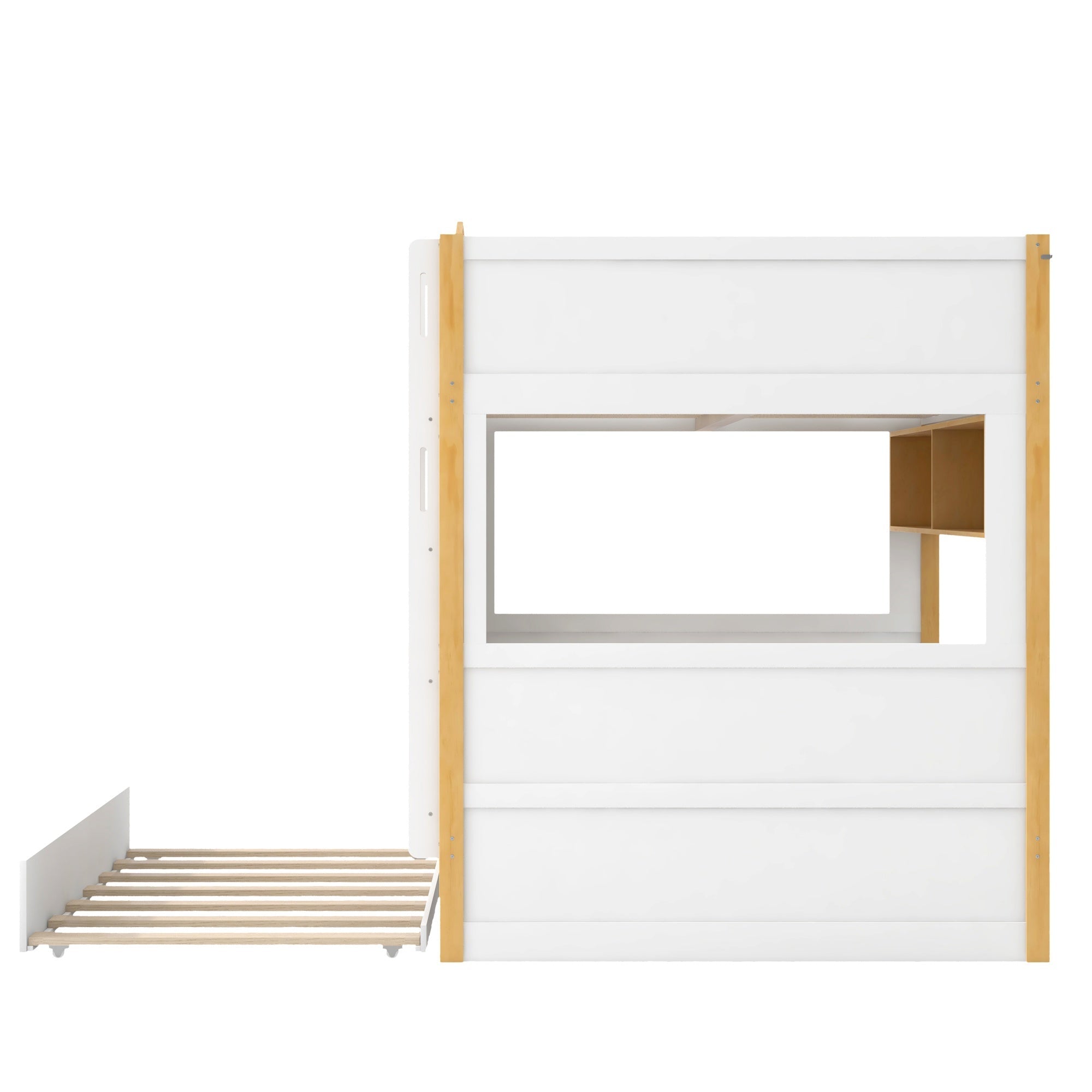 Bellemave® House Bunk Bed with Storage Shelves & Pull - Out Trundle, Solid Wood Space - Saving Loft Bed Frame with Safety Guardrails for Bedroom, White+Natural - Bellemave