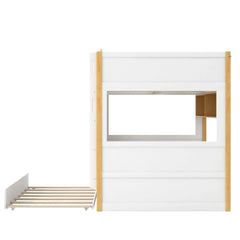 Bellemave® House Bunk Bed with Storage Shelves & Pull - Out Trundle, Solid Wood Space - Saving Loft Bed Frame with Safety Guardrails for Bedroom, White+Natural - Bellemave