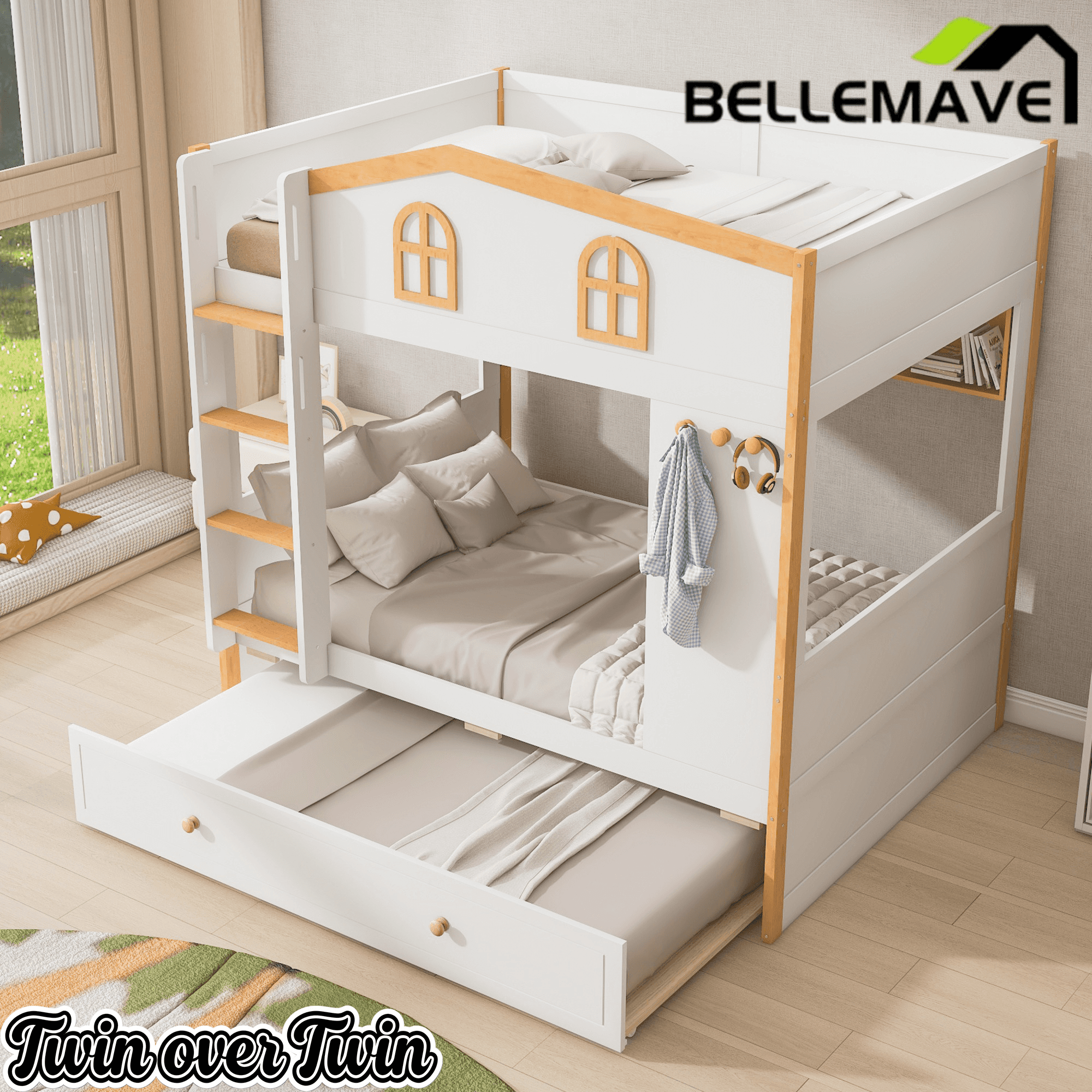 Bellemave® House Bunk Bed with Storage Shelves & Pull - Out Trundle, Solid Wood Space - Saving Loft Bed Frame with Safety Guardrails for Bedroom, White+Natural - Bellemave