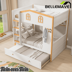 Bellemave® House Bunk Bed with Storage Shelves & Pull - Out Trundle, Solid Wood Space - Saving Loft Bed Frame with Safety Guardrails for Bedroom, White+Natural - Bellemave