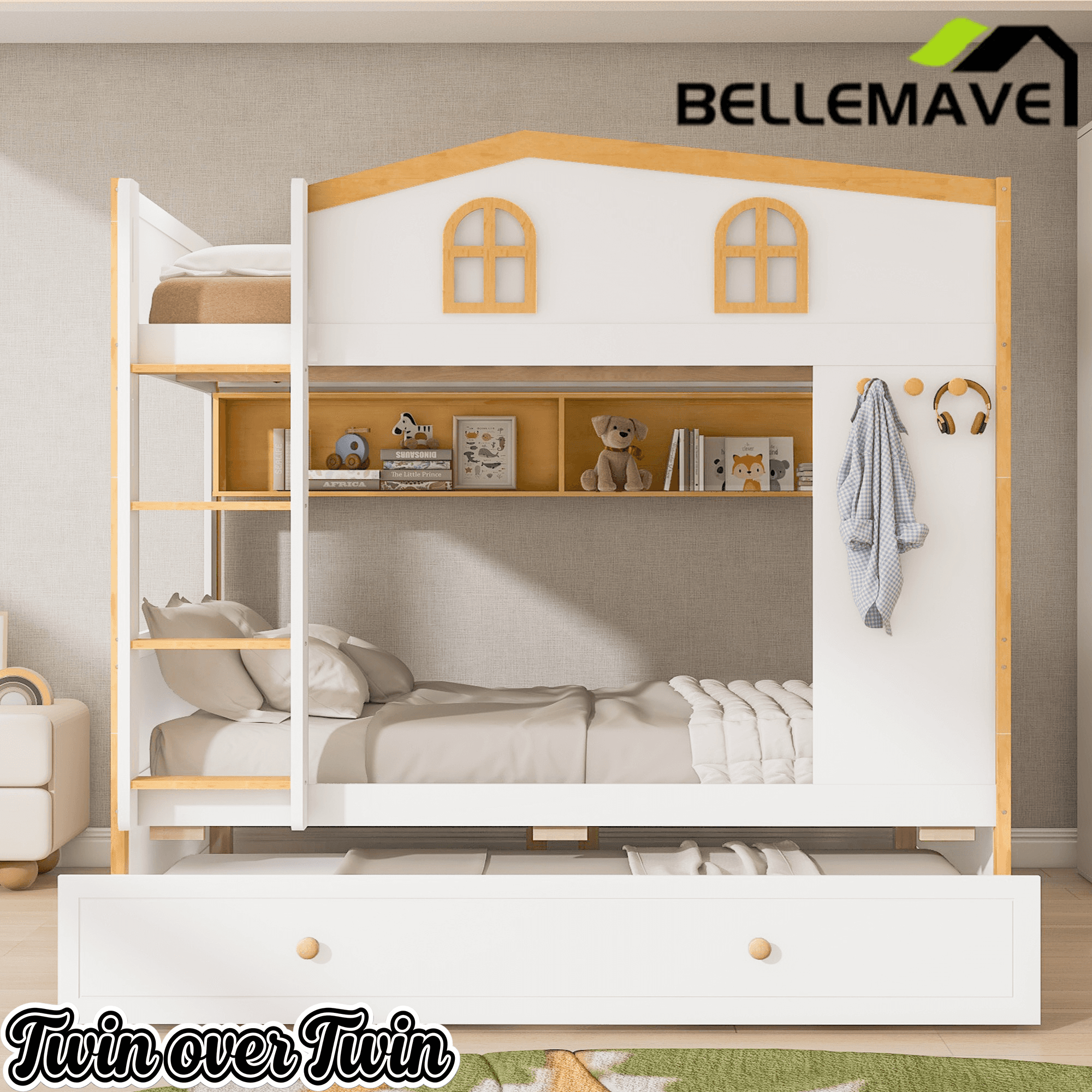 Bellemave® House Bunk Bed with Storage Shelves & Pull - Out Trundle, Solid Wood Space - Saving Loft Bed Frame with Safety Guardrails for Bedroom, White+Natural - Bellemave