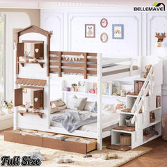 Full size playhouse bunk bed with built-in storage and shelving