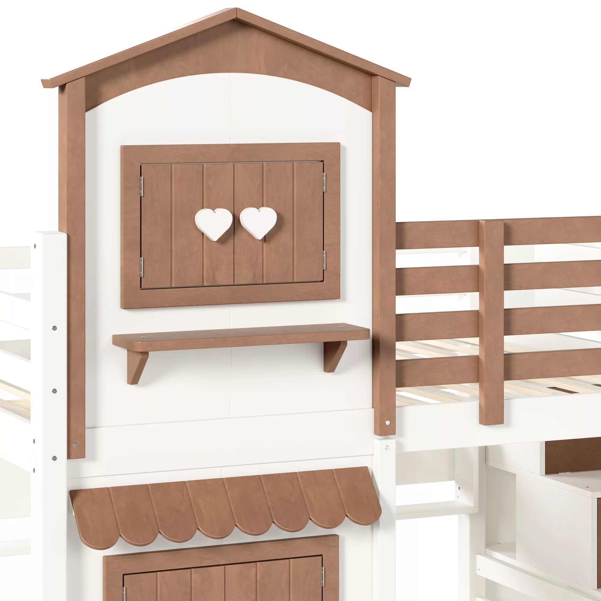 Heart-shaped openable window detail on wooden playhouse bunk bed