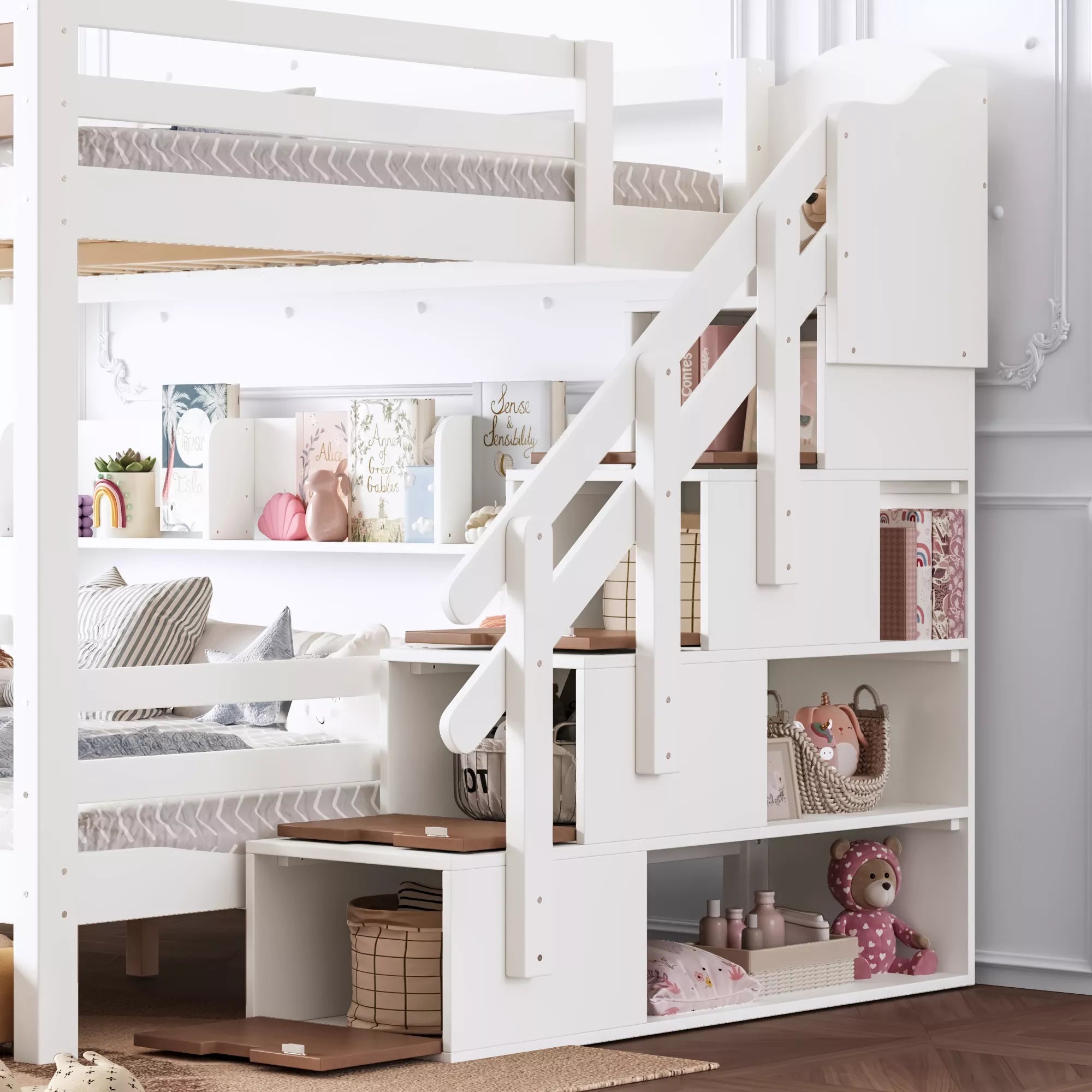 Wooden bunk bed with storage staircase and built-in shelving
