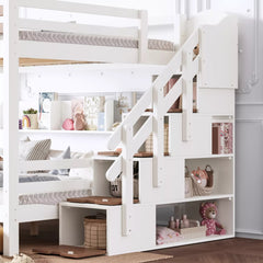 Wooden bunk bed with storage staircase and built-in shelving